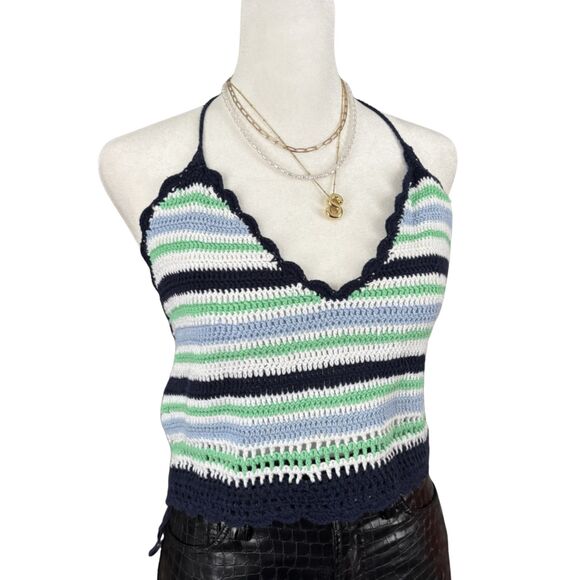 aerie Tops - Aerie NWT Striped Crochet Knit Halter Top Blue Green White M/L Boho Summer